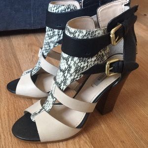 Faux animal skin open toe booties with chunky heel